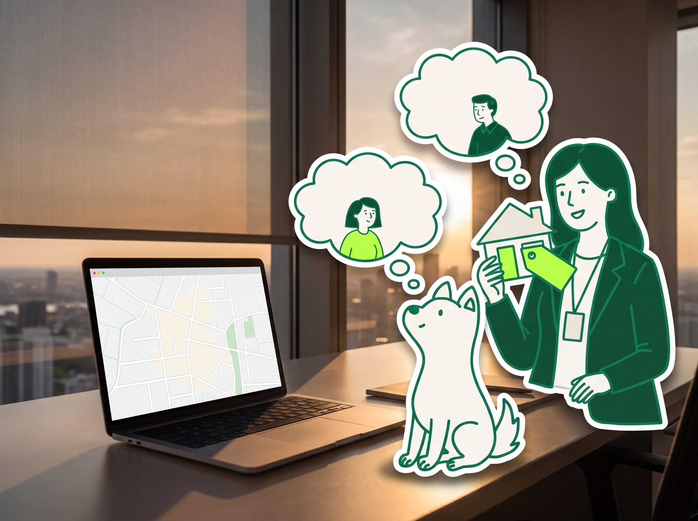 Agent at a desk with Scout and buyer thought clouds