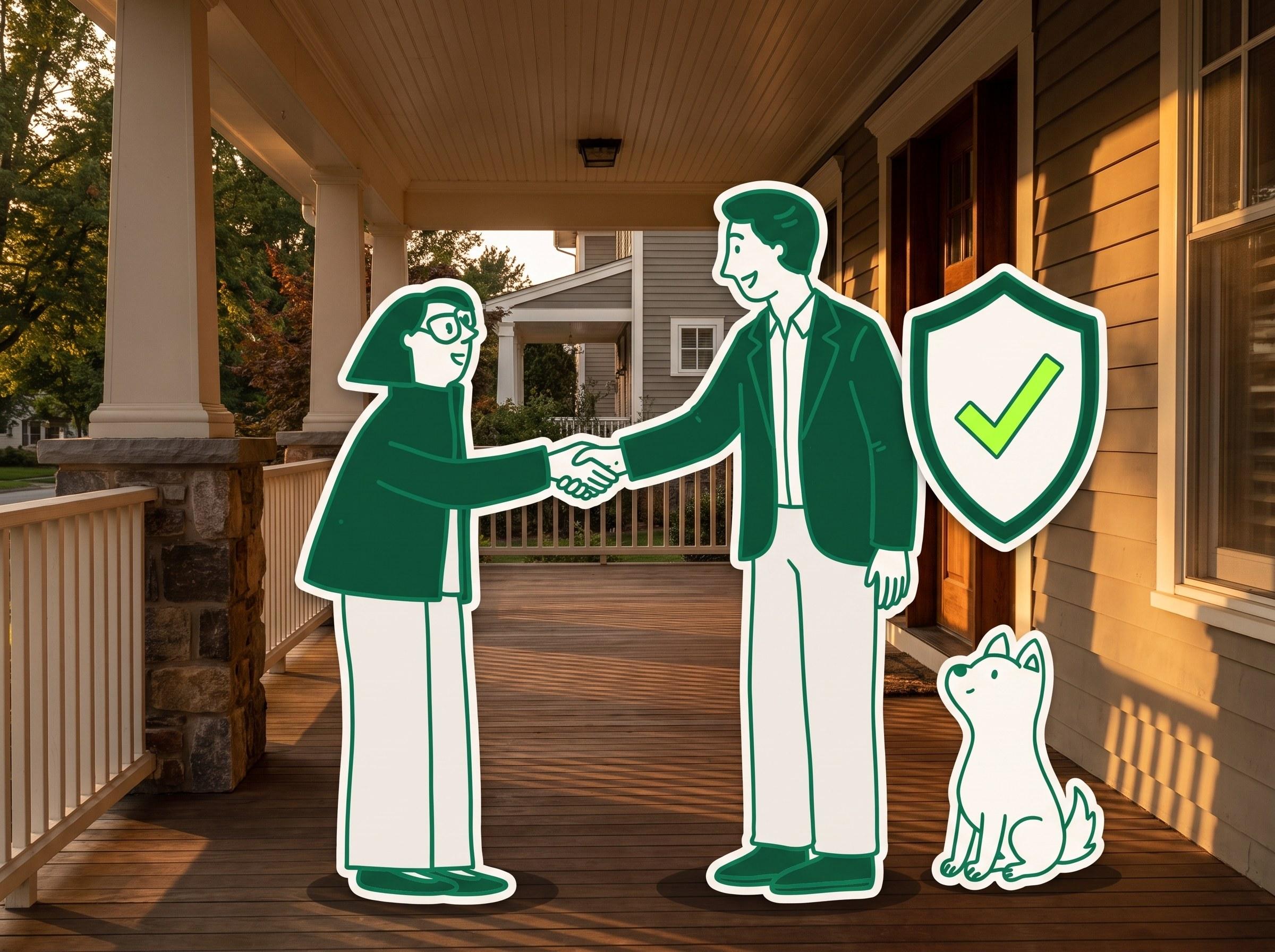 Agent and client shaking hands on a porch, Scout beside them