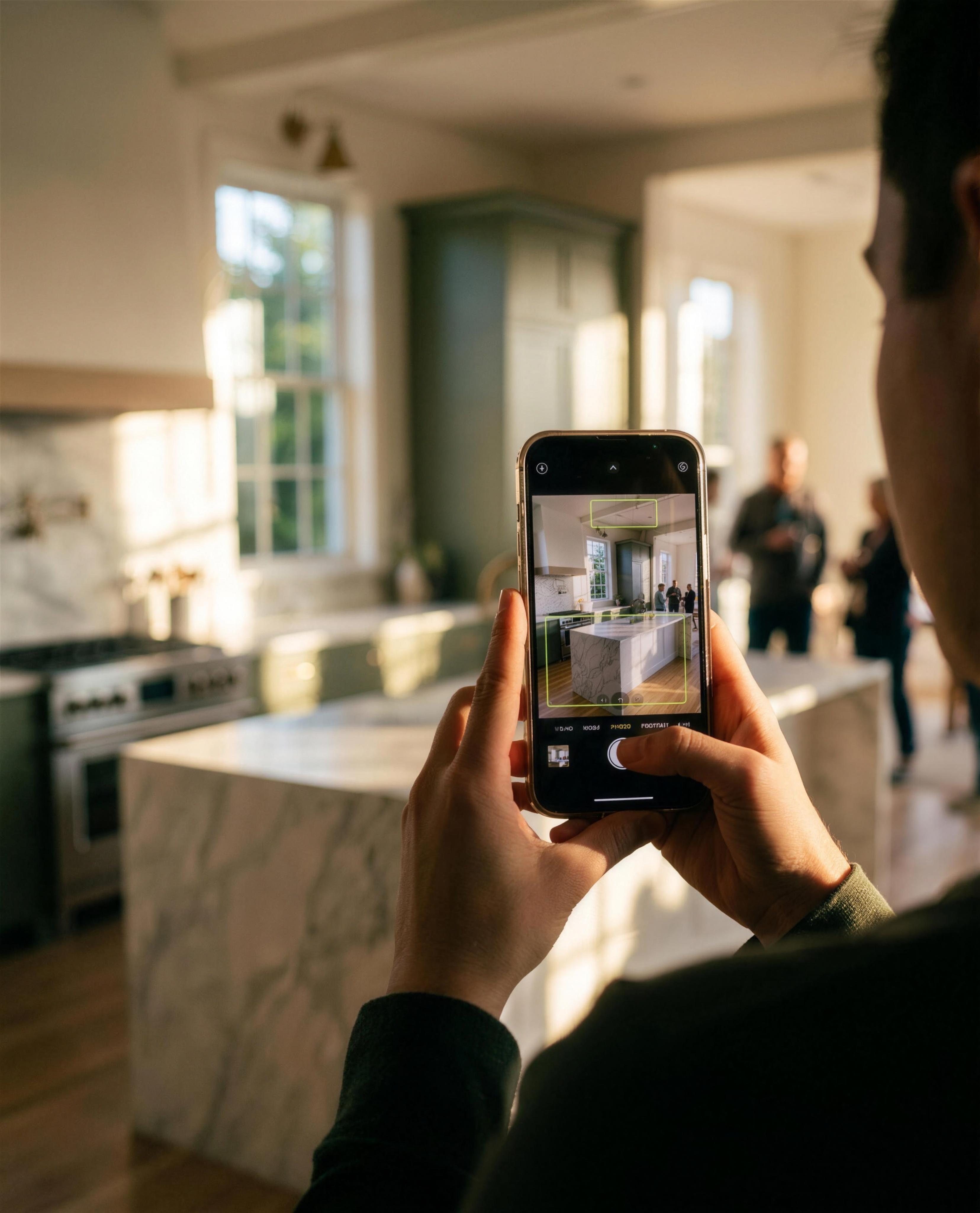 Buyer photographing a kitchen at an open house with Scout detecting features