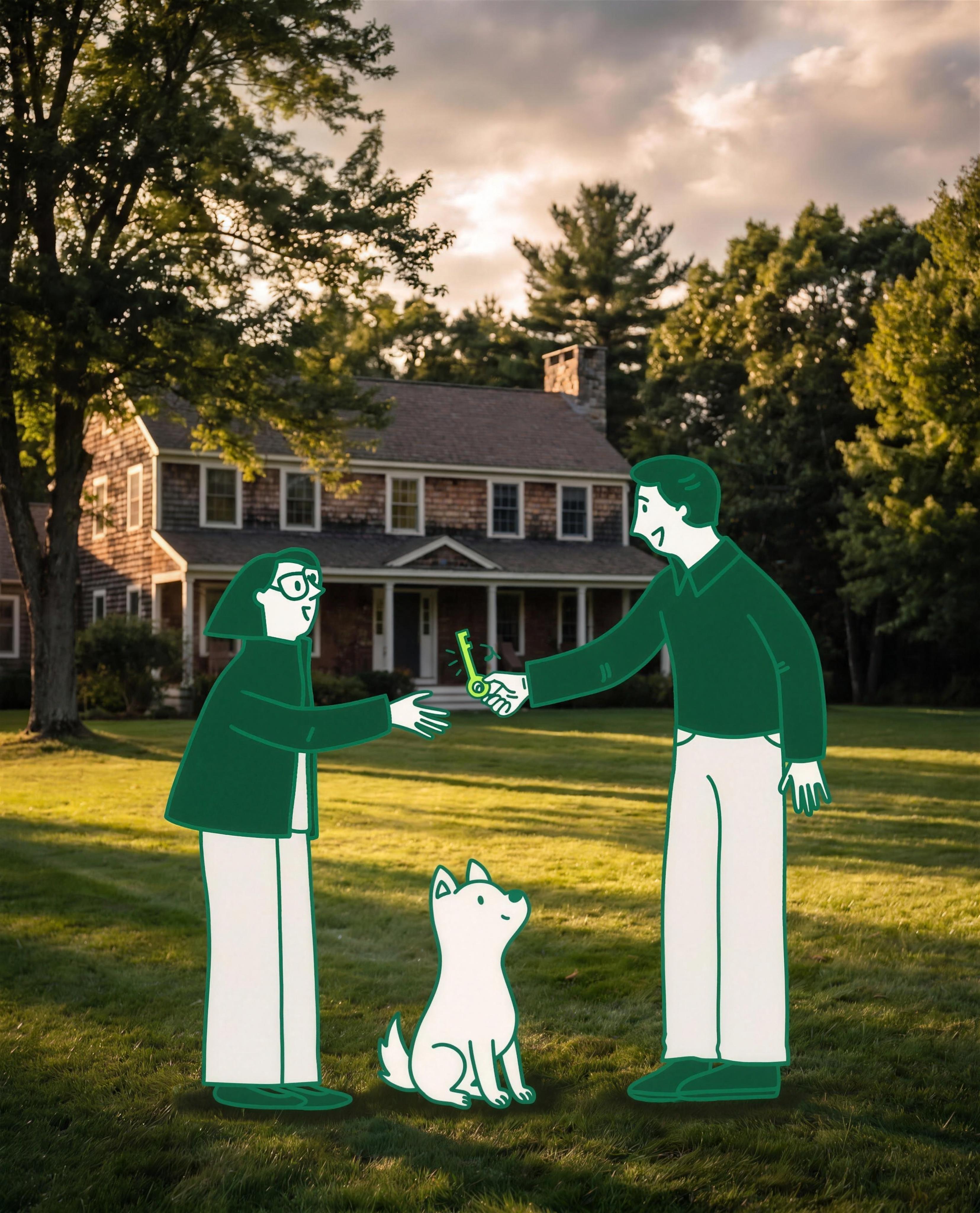 Illustrated agent handing keys to a buyer with Scout, in front of a real shingled colonial